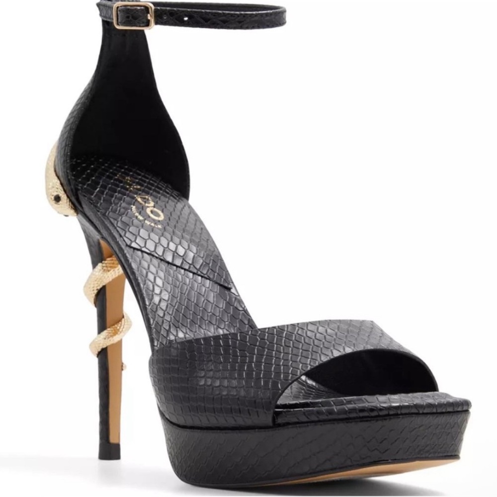 Aldo Black Snakeskin Platform Heels with Gold Snake Accent